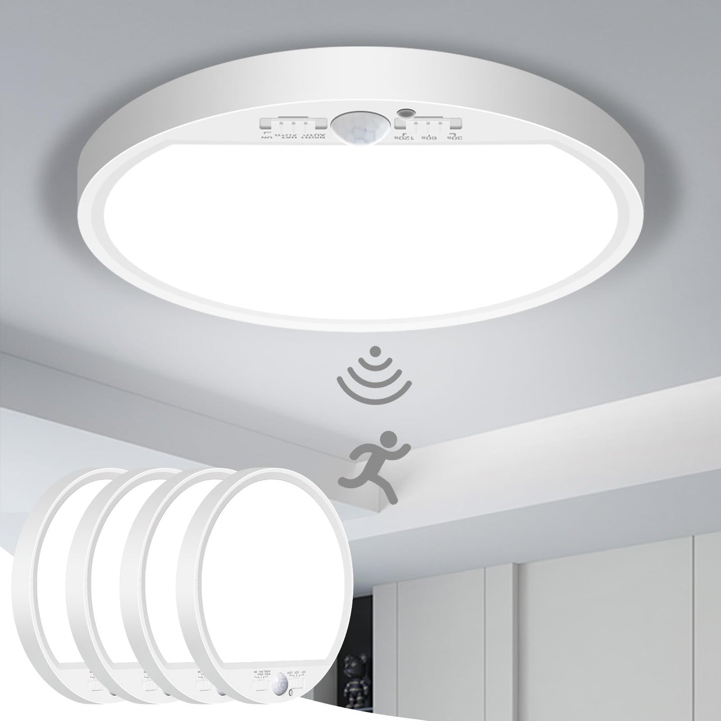 slochi 4 Pack Motion Sensor Light Indoor Wired, 5000K Closet Lights Motion Sensored, 15W 1500LM 7 Inch LED Ceiling Light Fixture for Pantry Hallway Stairwell Porch, White