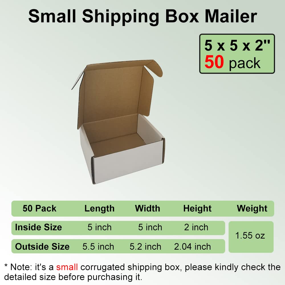 Rnisda 50 Pack 5x5x2'' Small Shipping Boxes, White Corrugated Cardboard Literature Mailers, Mailing Packaging Supplies for Small Business (W552-50)