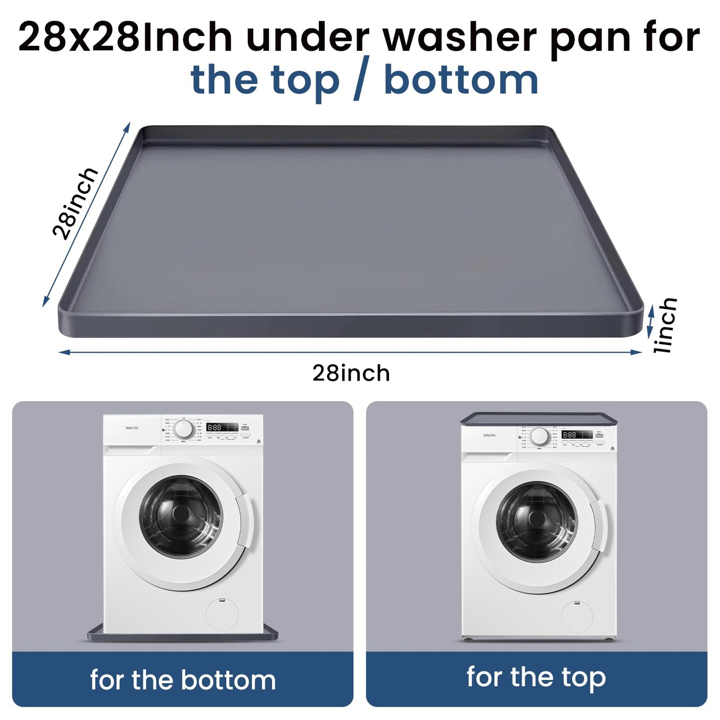 XHIKOWAT 28x28 Large Thickened Silicone Washing Machine Drain Pan - 1" Raised Edge Washing Machine Tray, Non-Slip Washing Machine Pan for Under Washer and Dryer (Grey)