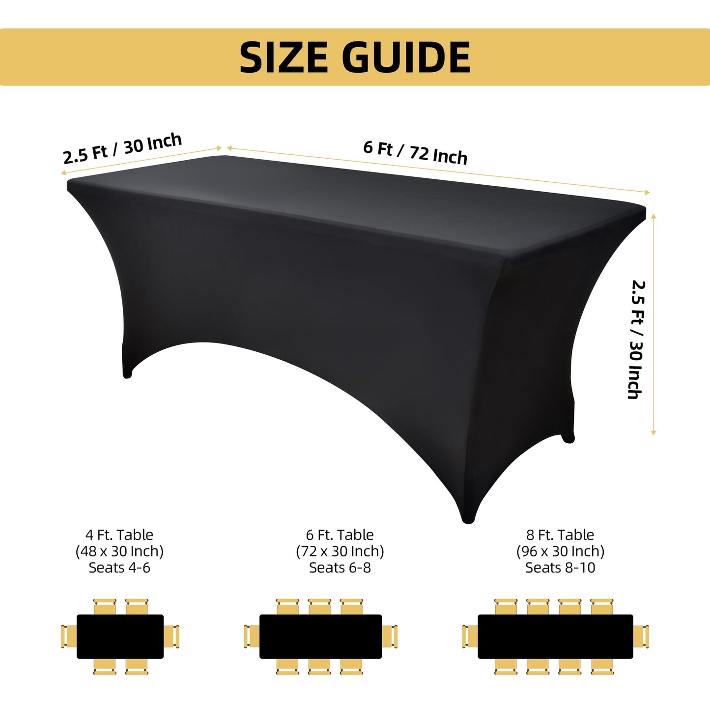 ZarzaaSik 6-Pack 6ft Black Spandex Table Covers for Rectangle Standard Folding Tables - Wrinkle Resistant Stretch Tablecloths - Ultimate Fitted Table Protector for Parties, Trade Shows, Wedding