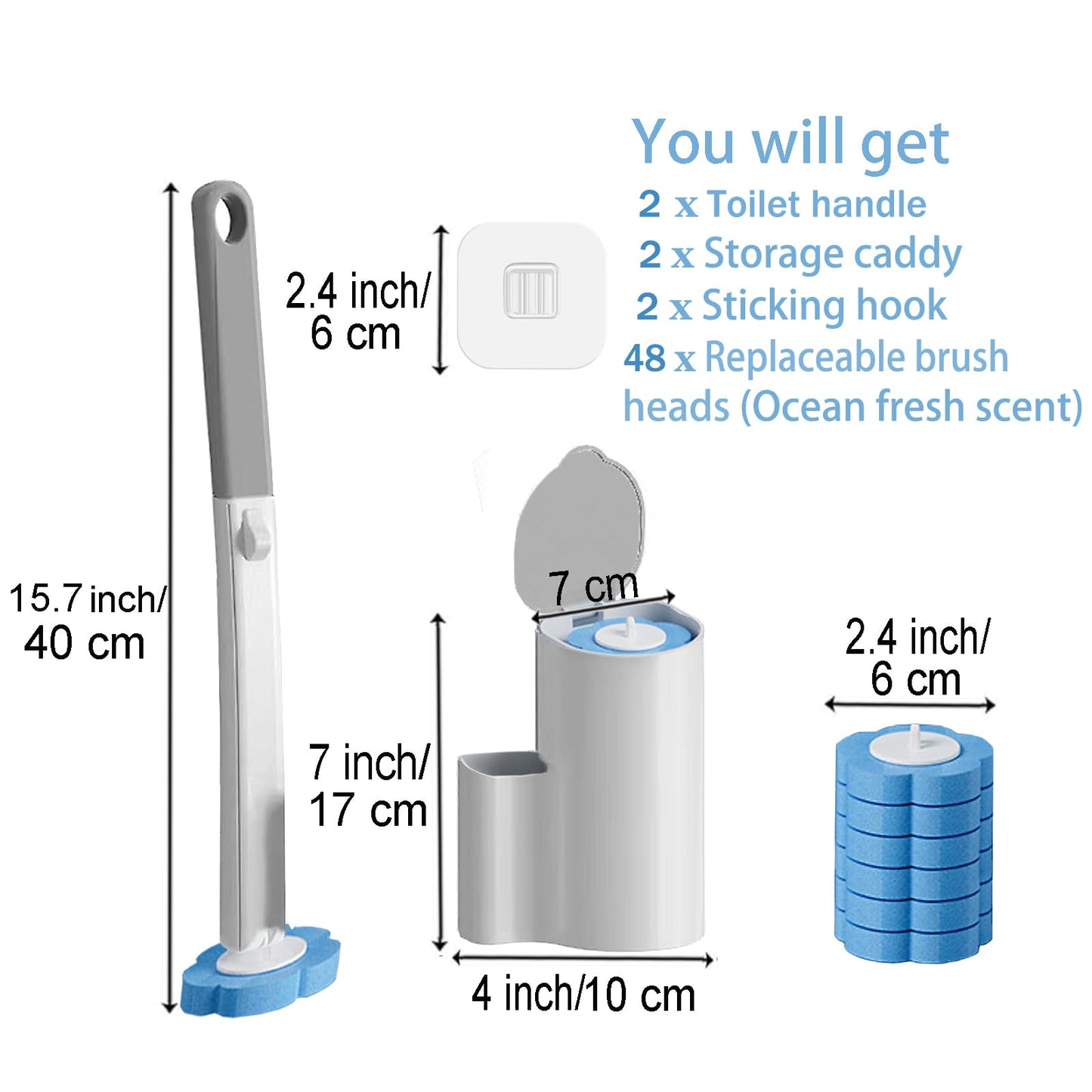 Ucaimao 2 Pack Disposable Toilet Brush and Holder Set,Extended Handle with 48 Cleaner Refills Toilet Brush for Toilet Bowl Cleaners,Bathroom Cleaning, Bathtub - Blue (Ocean Fresh Scent)
