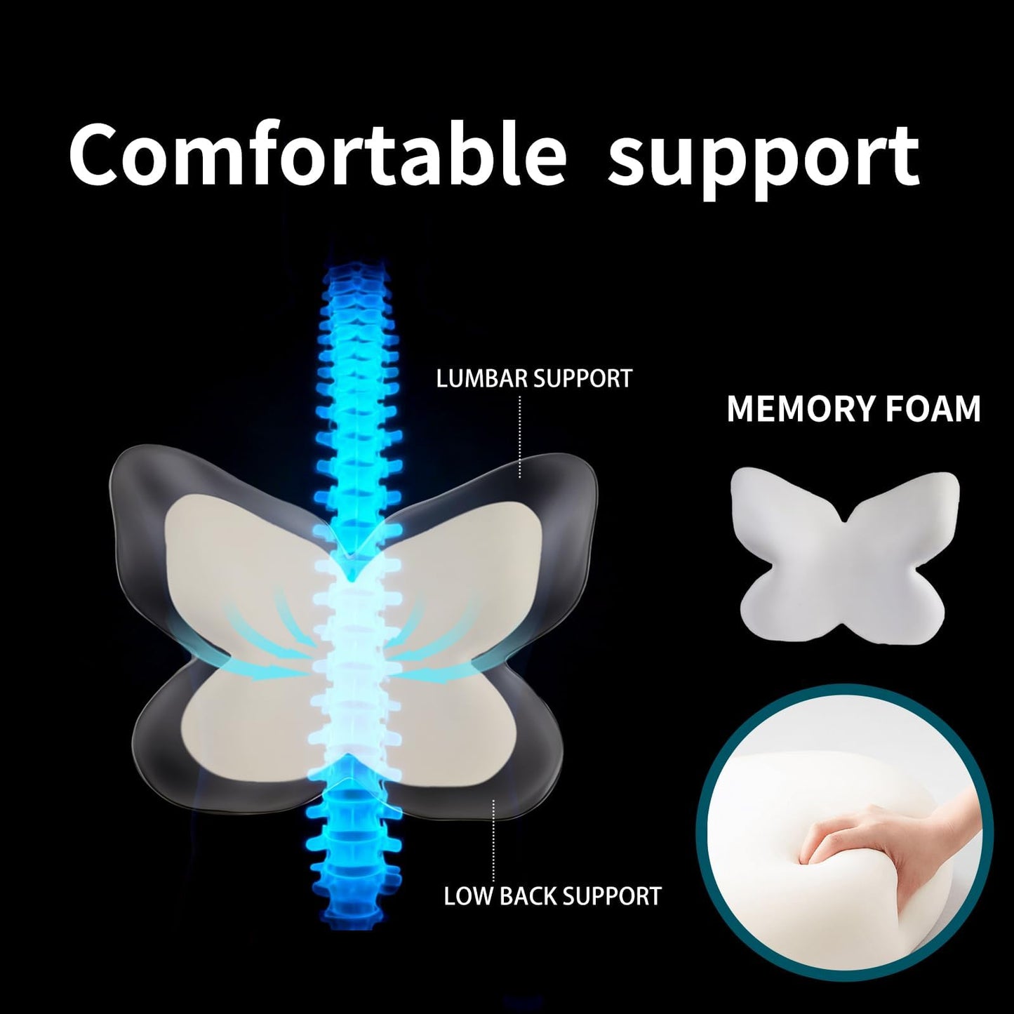 FoKon Ergonomic Back Cushion for Lower Pain Relief, Momery Foam Back Pillow, Lumbar Support for Office Chair Back Support for Computer Chairs, Gaming,Home - Working,Removable & Washable Cover（Black）