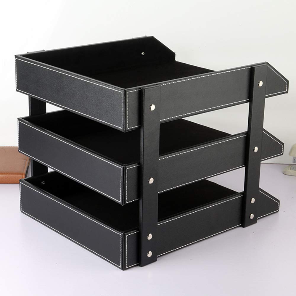 Leather Desk File Organizer, 3-Layer Stackable Tray, Used to Store documents, folders, Stationery, Magazines, Newspapers, Letters, and Other Home Office Sundries Desktop Organization Holder(Black)…