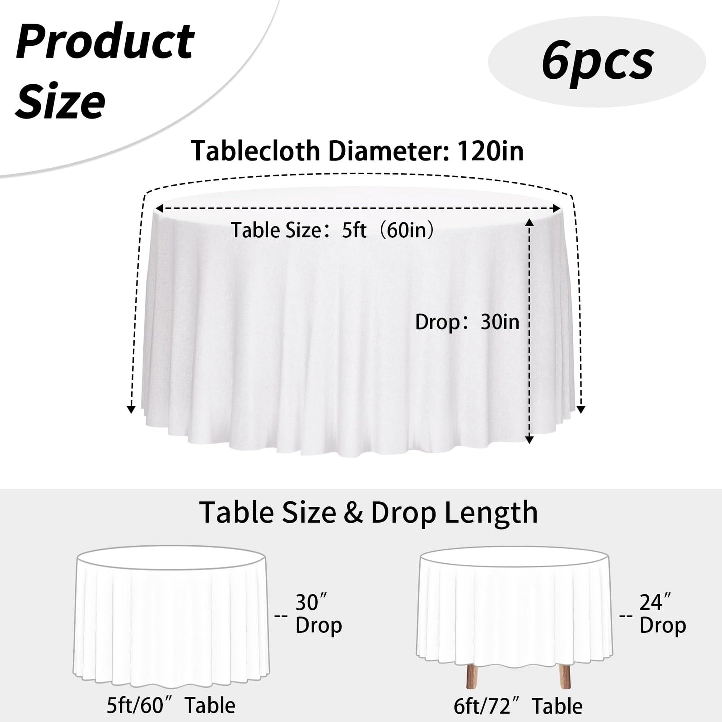 Fixwal 6 Pack White Round Tablecloth, 120 Inch Round Table Cloth Polyester Fabric Washable Table Covers for Wedding, Party, Banquet, Christmas Decorations, Birthday Events