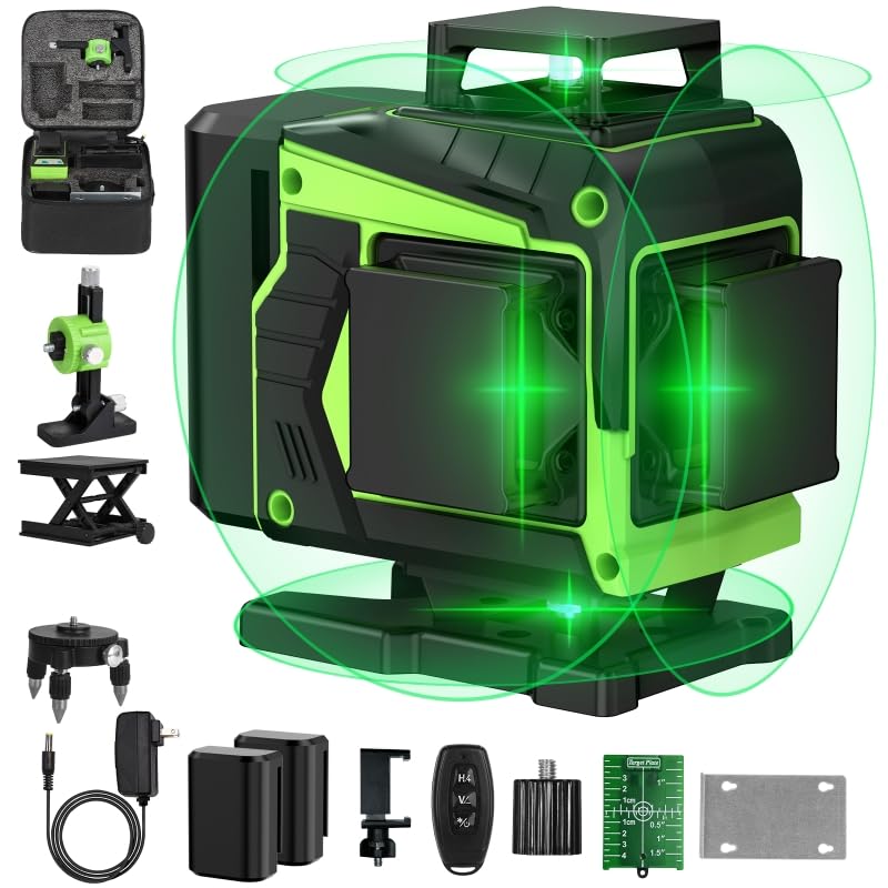 16 Line Laser Level 360 Self Leveling,Professional 4x360°Green Cross Line laser Level Tool for Construction and Picture Hanging,lazer leveler tool with 2 Batteries,Magnetic Bracket & Remote Control