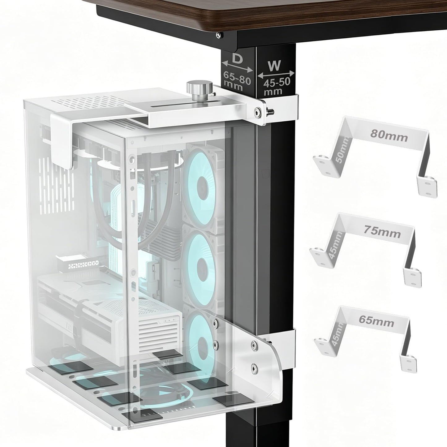 Under Desk PC Mount - No Drilling 40 lb Capacity, Fits 3 Fixed Desk Leg Sizes, CPU Holder Under Desk, Adjustable Clamp-on Desk Leg PC Mount for Standing Desk, with Non-Slip Pads, White