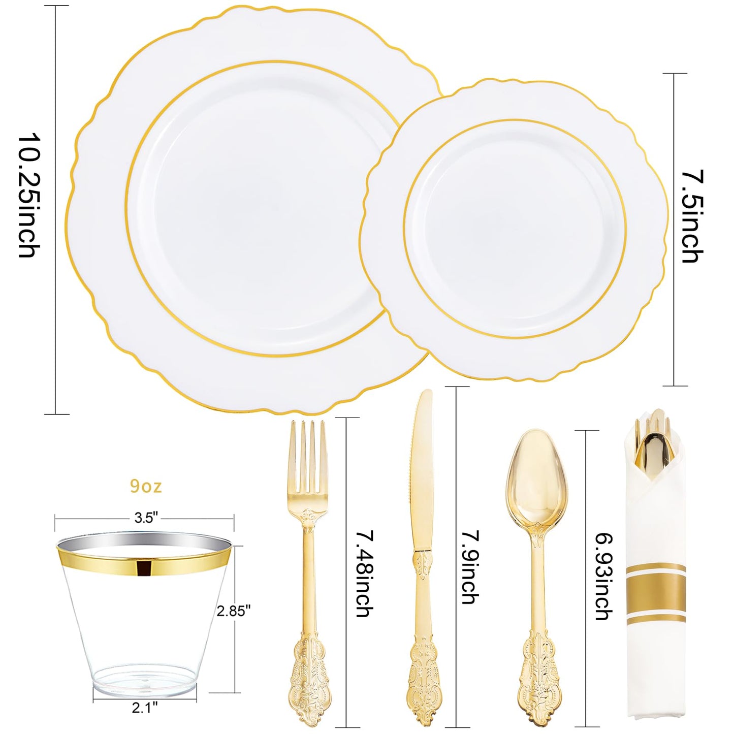 Liacere 350PCS Gold Plastic Plates-Disposable White and Gold Plates 50guest Baroque Plastic Dinnerware include 100Plates, 50Pack Pre Rolled Napkins with Silverware 50Cups for Wedding & Mothers Day