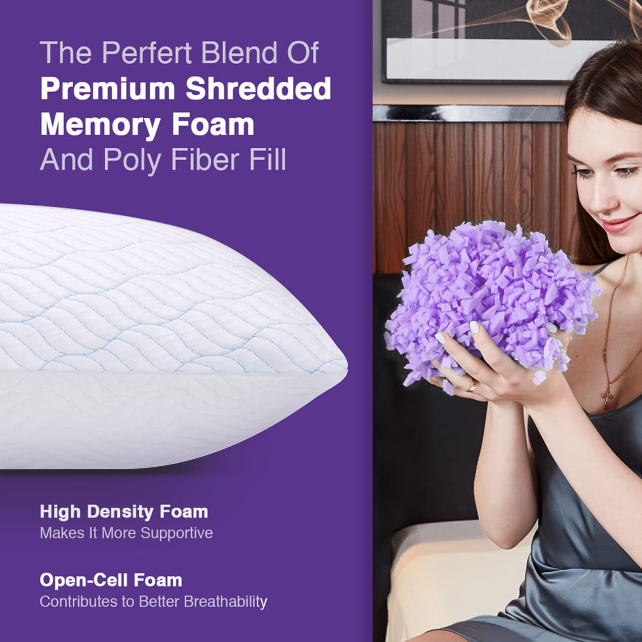 WISHSMILE Cooling Shredded Memory Foam Pillows for Sleeping Cool Cold Pillow Standard Size Set of 2 with Zipper, Adjustable Firmness to Hot, Side, Back and Stomach Sleepers, 2 Pack, 20x26