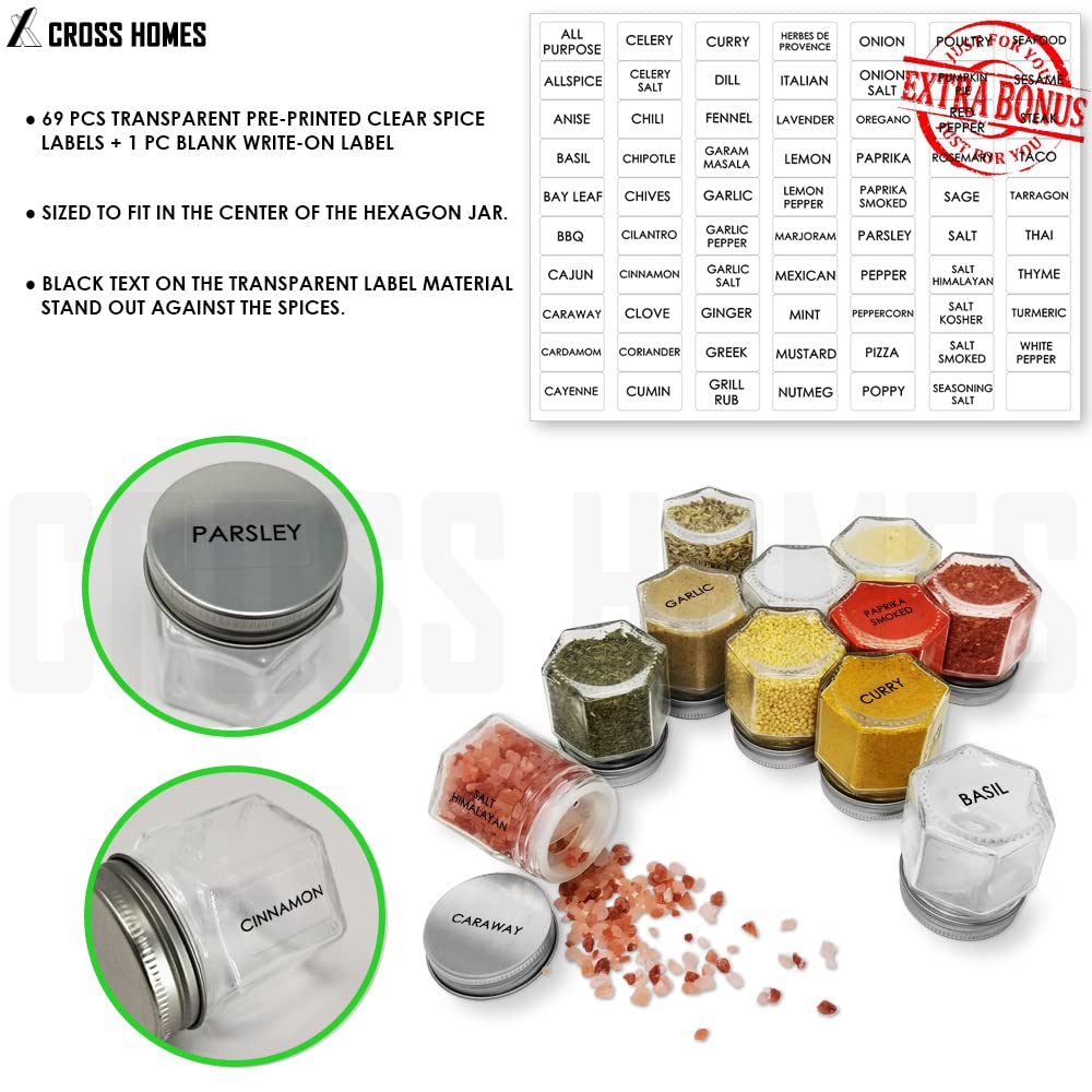 Magnetic Empty Small Hexagon Glass Spice Jars 20 Sets With Lids, Shaker, Board, Labels - DIY Spice Tins/Rack for Refrigerator, Fridge, Cabinet, Wall Mount