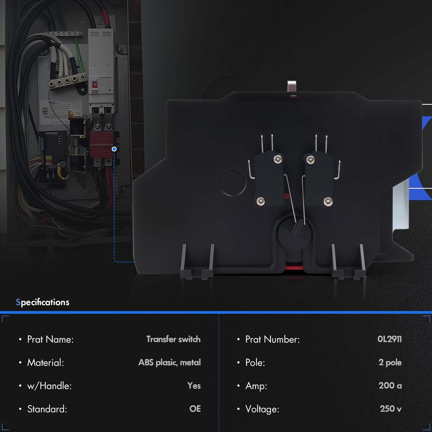 0L2911 Transfer Switch 200A with Handle Fit for Generac 200 Amp 2P 250V Generator Automatic Transfer Switch Assembly Replaces# 0D9618, OL2911