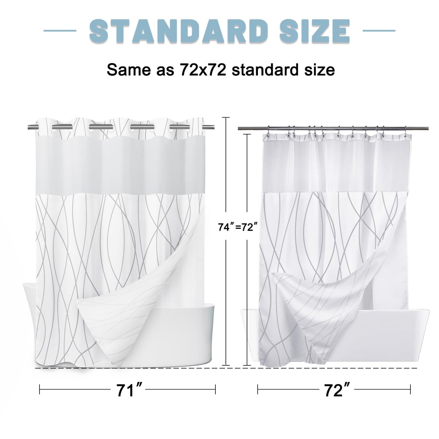 LXBNI No Hook Grey White Striped Shower Curtain with Snap in Fabric Liner Set - Hotel Liner Set with See Through Mesh Top Window,Machine Washable, 71x74 INCH