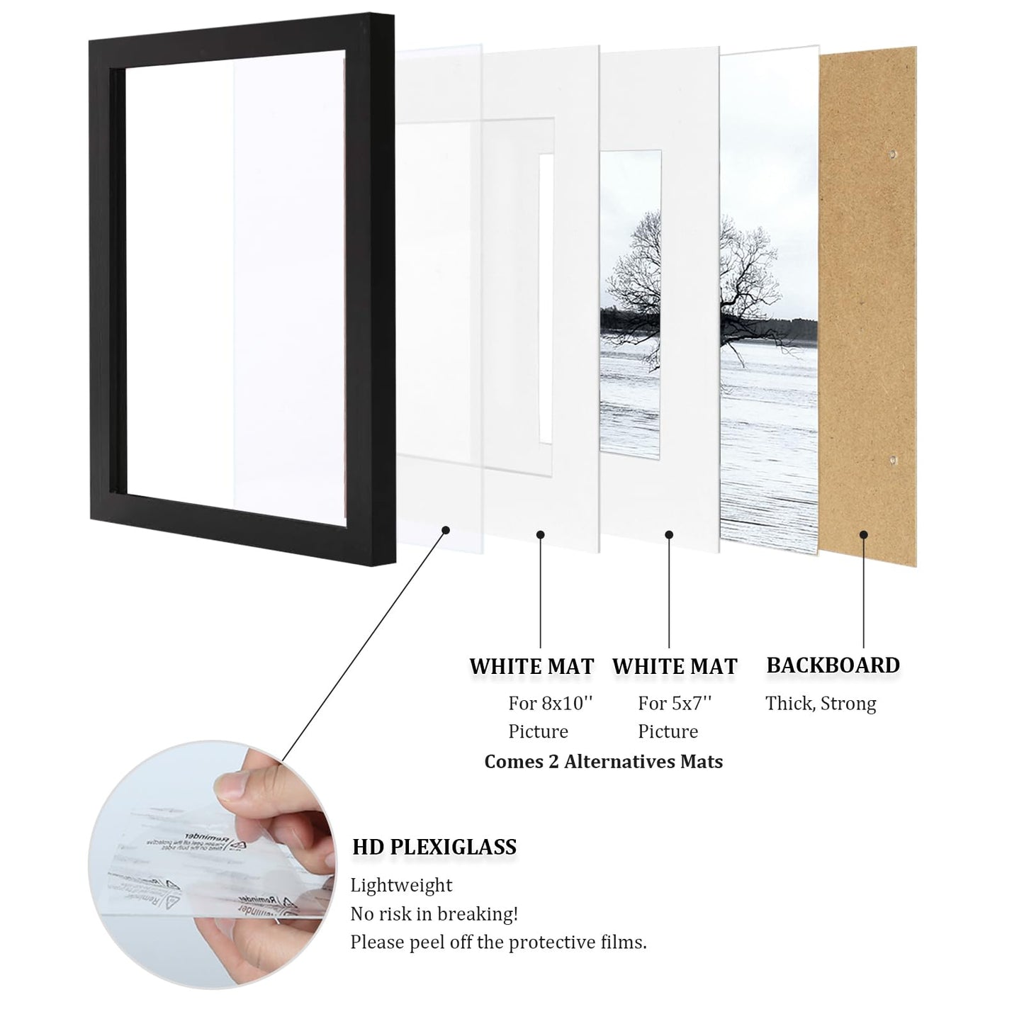 Egofine 11x14 Picture Frames Set of 4, Made of Solid Wood Covered by Plexiglass 5x7 and 8x10 with Mat or 11x14 without Mat, for Table Top Display and Wall Mounting Photo Frame Black