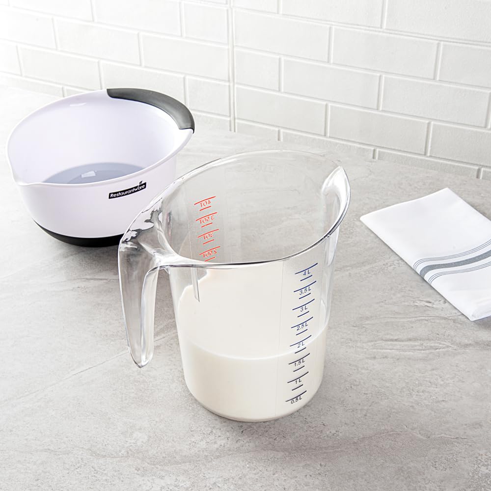 Restaurantware RW Base 4 Quart Measuring Jar 1 Durable Measuring Beaker - Metric And Imperial Units V-Shaped Spout Clear Plastic Measuring Cup Handle With Thumb-Grip Tolerates Up To 248F