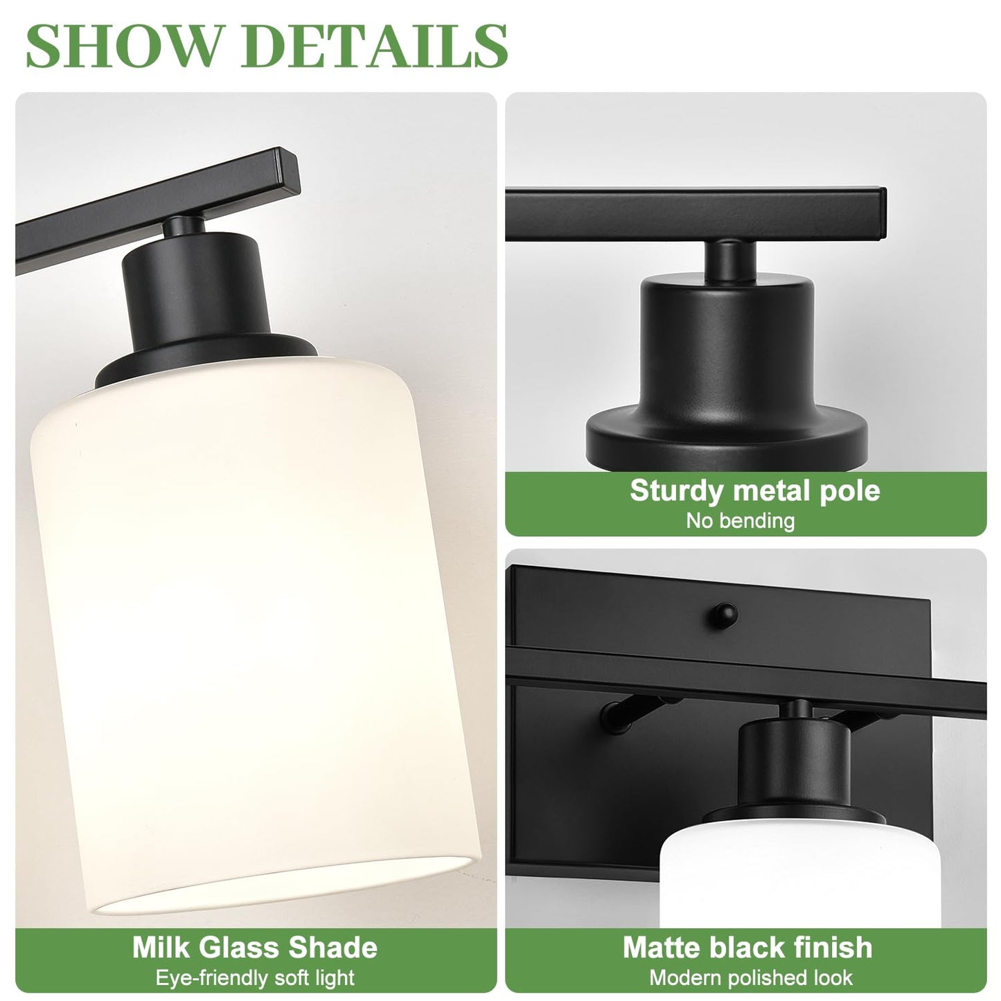 MOKATNG 3-Light Bathroom Light Fixtures, Vanity Light with Milky White Shades, Matte Black Bathroom Light Fixtures Over Mirror, Modern Bathroom Wall Lamp for Mirror Living Room Cabinet Bedroom