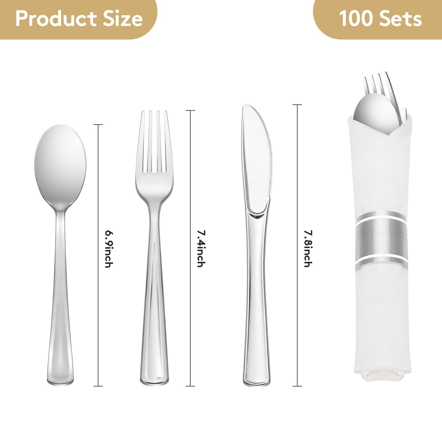 Goodluck 100 Pack Pre Rolled Silver Plastic Silverware, Wrapped Plastic Cutlery Set with Napkin Include 100 Forks, 100 Knives, 100 Spoons and 100 Napkins, Disposable Silverware for Party, Wedding