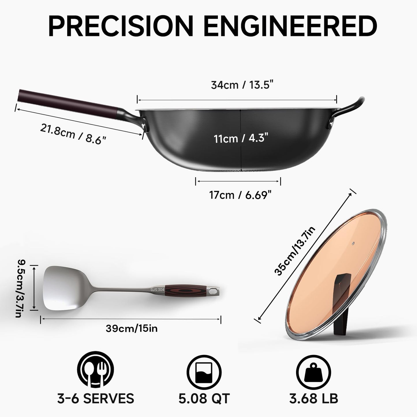 SUMEIGUAN 13.5" Carbon Steel Wok Pan - Pre-Seasoned Flat Bottom Woks & Stir-fry Pans Chinese Cookware with Lid & Spatula - For Pan-fry,Stir Fry, Steam, BBQ & Camping - Compatible with Induction, Gas