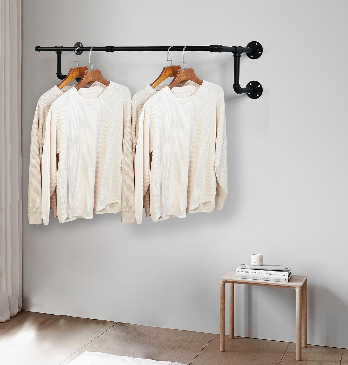 Homeyeeng Clothes Rack, Industrial Wall Pipe Clothing Rack for Hanging Clothes, Wall Mounted Heavy Duty Space Saving Garment Rack, Multi-Purpose Clothing Hanging Rods for Closet Storage, Black, 2Pcs