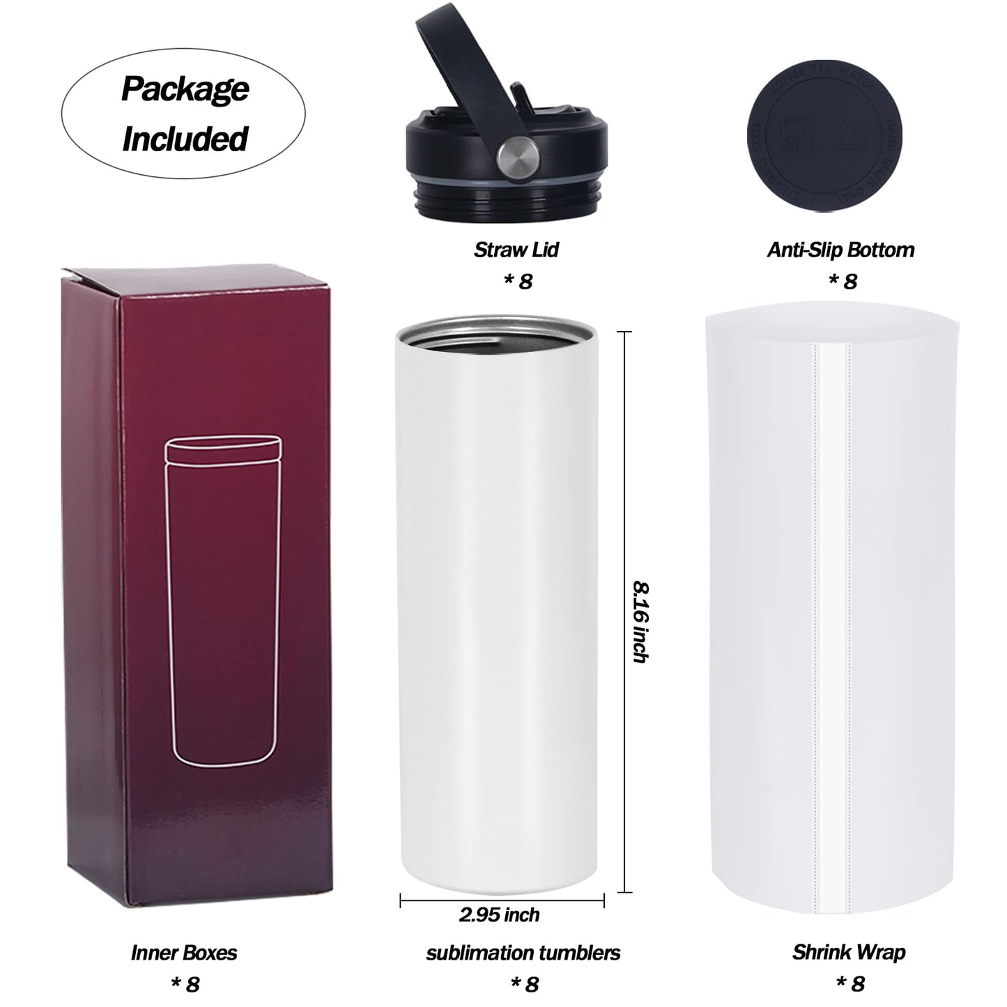 Micellwuu 8 Pack Sublimation Tumbler Bulk 20oz Skinny Straight, Sublimation Sport Water Bottles, Double Wall Stainless Steel Cups with Portable Handle, Individually Boxed