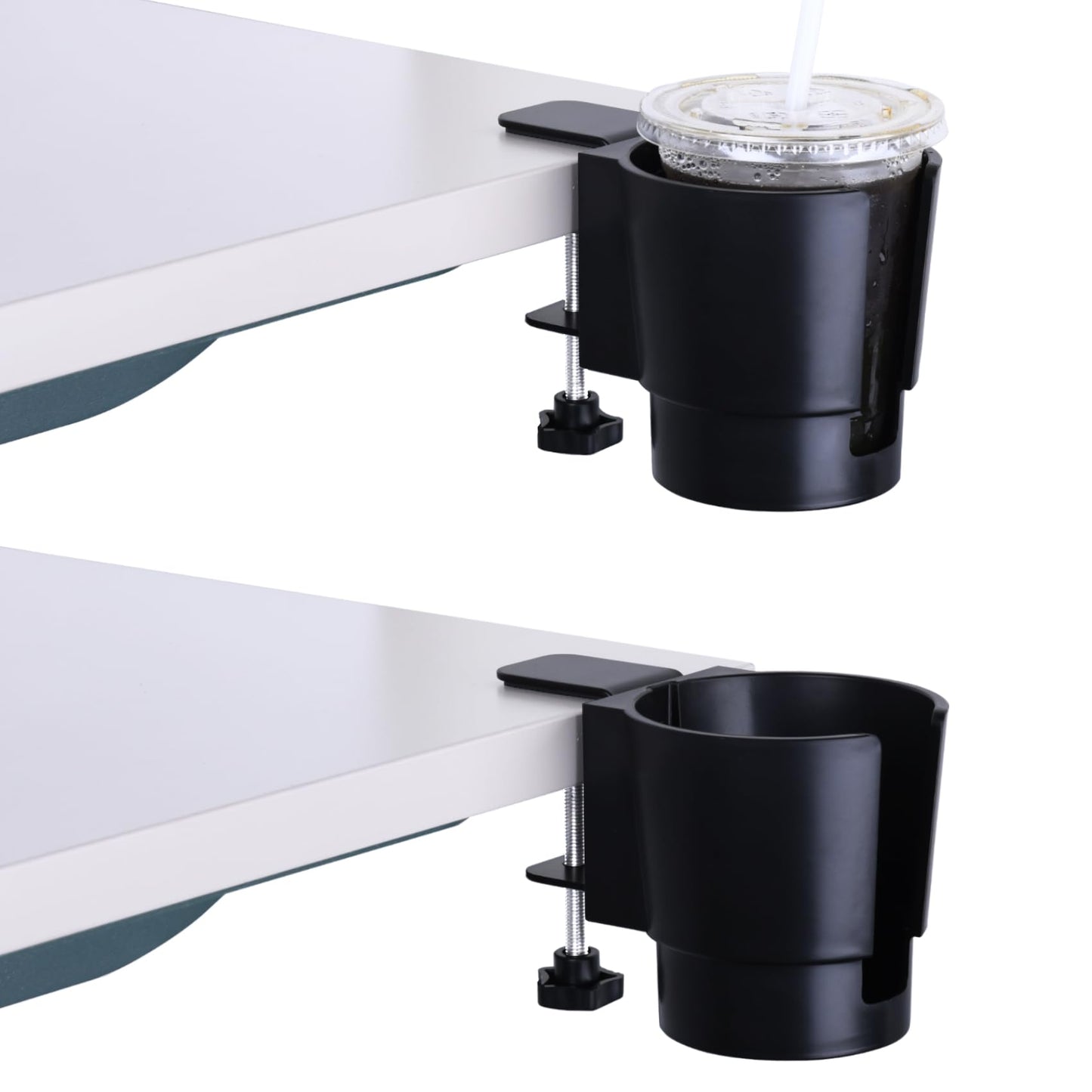 Universal Large Desk Cup Holder Clamp on, Heavy Duty Plastic Drink Holder for Table, Porch Swing, Patio Chair, Clip On Anti-Spill Bottle Holder for Most Cups, Bottles, Cans, Tumbles, Black, Pack of 2
