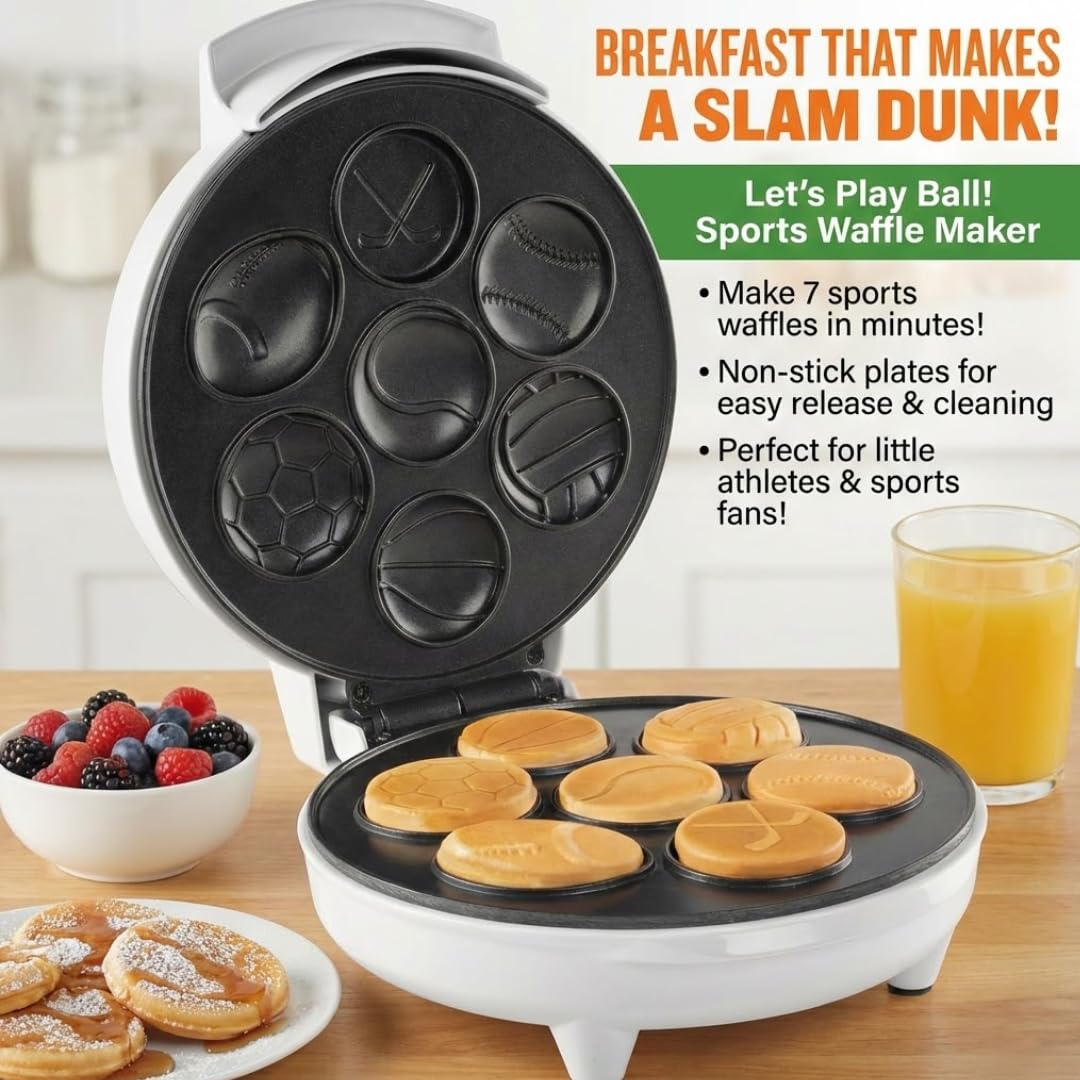 Sports Waffle Maker- Make Breakfast a Slam Dunk- Bakes 7 Themed Pancakes Including Football, Baseball, Basketball, Soccer, Tennis & More- Electric Nonstick Waffler w Recipes- Kids Team or Coach Gift