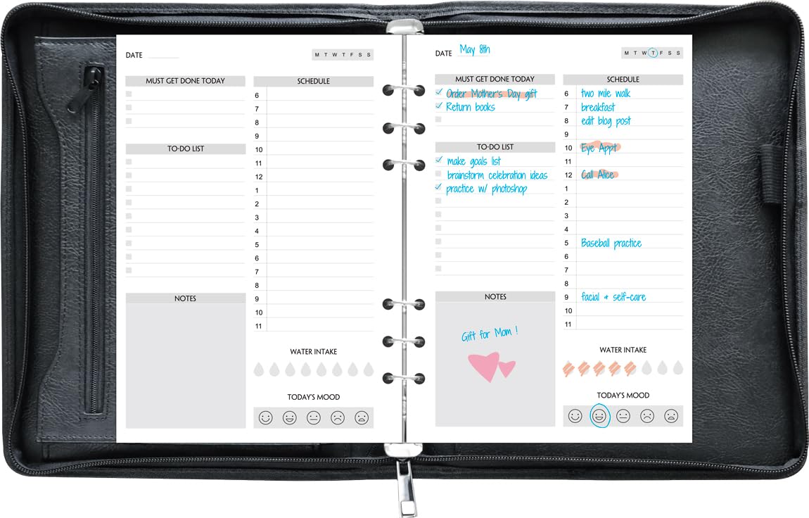 Fan&Ran Zipper Planner Organizer, Undated Starter Set Simulated Leather Cover, 6-Ring Binder, A5, Black