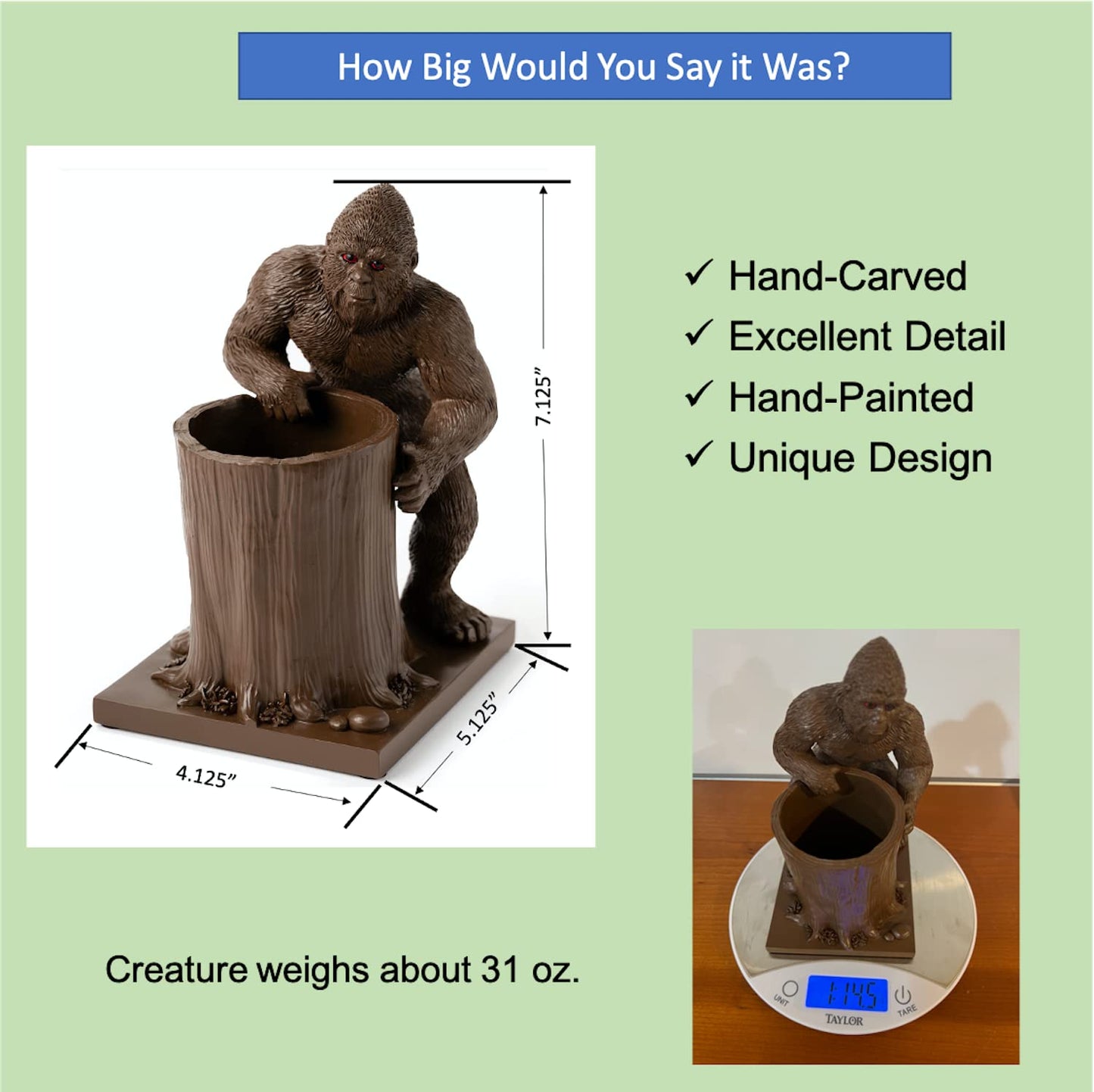 Bigfoot Pen Holder and Pencil Holder for Desk – Sasquatch Makeup Brush and Toothbrush Holder – Wood Ape Succulent Pot and Planter for Indoor Plants – Bigfoot Gifts and Merchandise for Believers