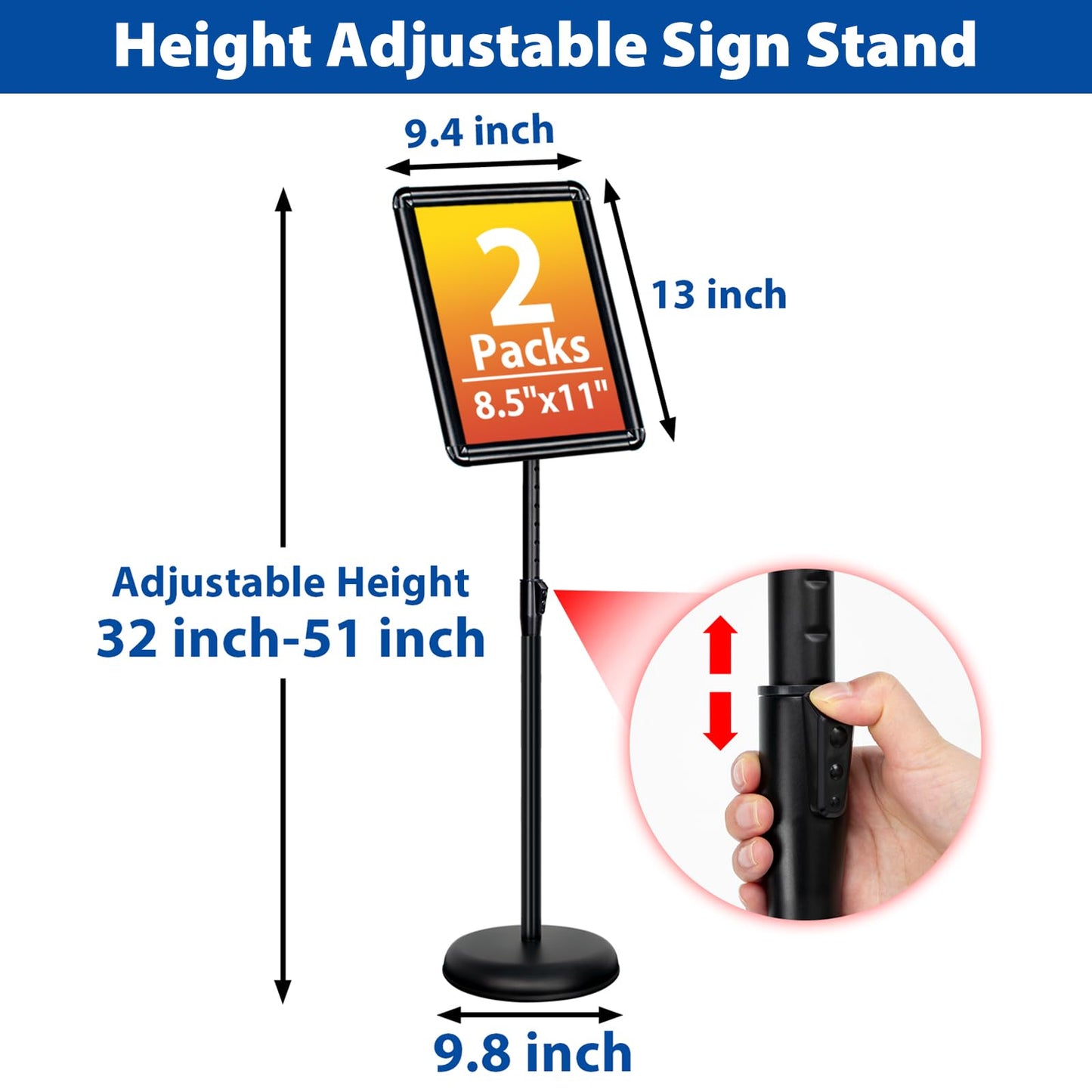 VAIIGO 2-Pack 8.5x11 Inch Adjustable Sign Stand & Floor Standing Sign Holder - Pedestal Poster Stand with Vertical & Horizontal View Display for Indoor/Outdoor Business & Store Signage (Black)