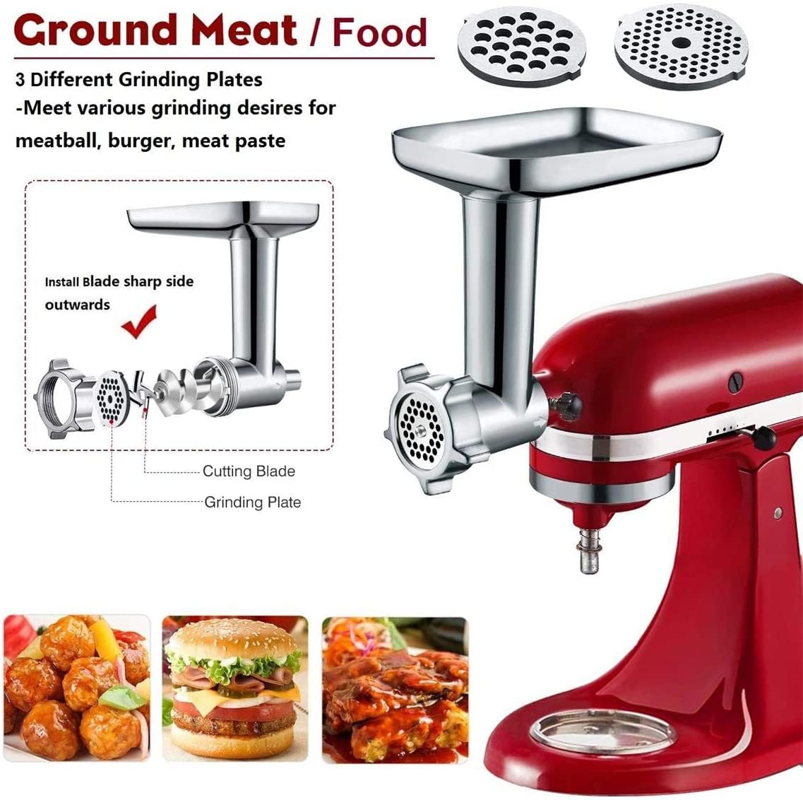 GVODE Meat Grinder Attachment for KitchenAid Stand Mixer, Meat Grinders Includes 4 Grinding Plates, 3 Sausage Stuffer Tubes, 2 Grinding Blades, For KitchenAid Mixer Attachments