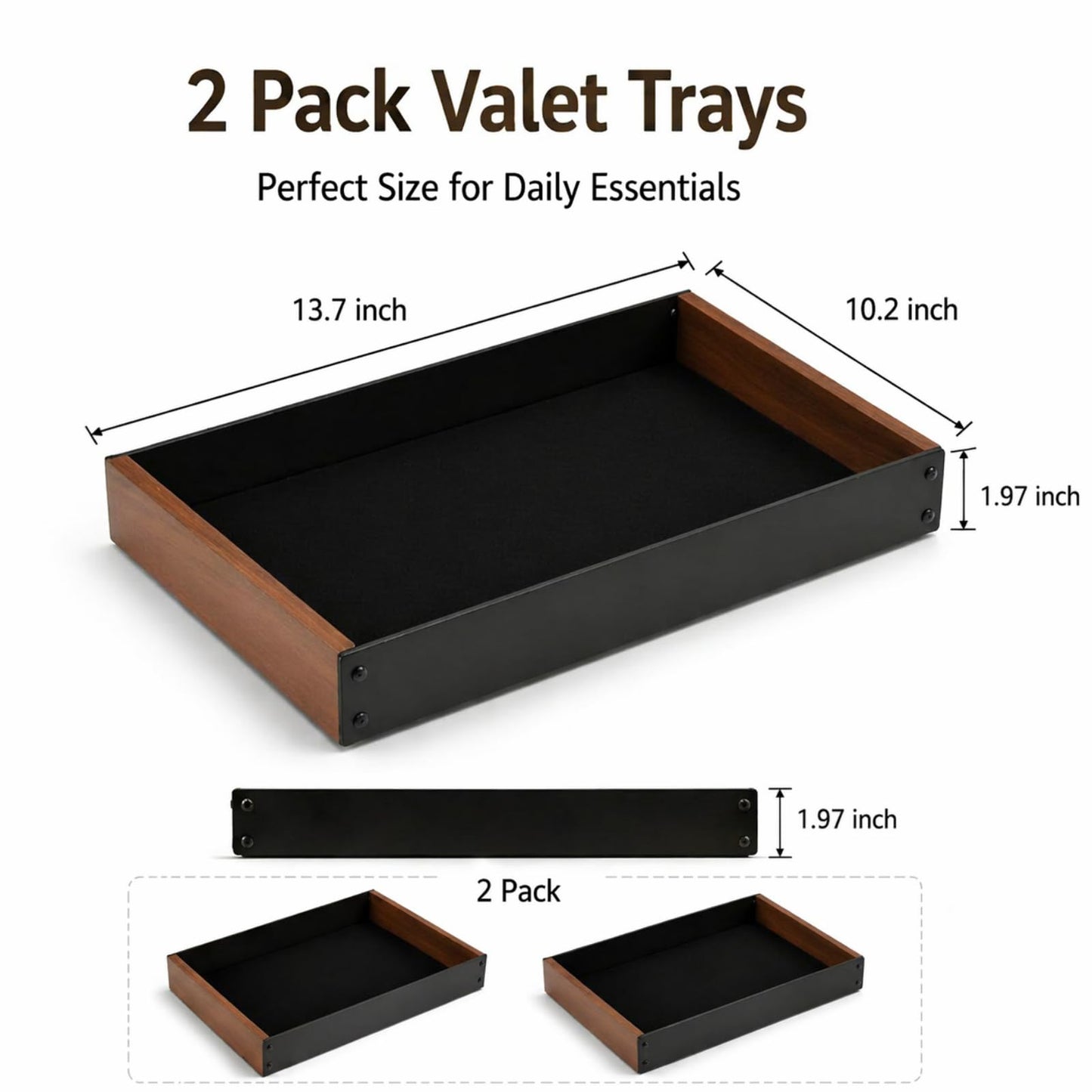 Geelin 2 Pack Desk Drawer Organizer, Valet Tray for Men, Nightstand Tray Acacia Wooden and Metal Entryway Bedside Dump Holder Accessories for Wallets, Keys, Watches, Phones, Loose Change, Trinkets
