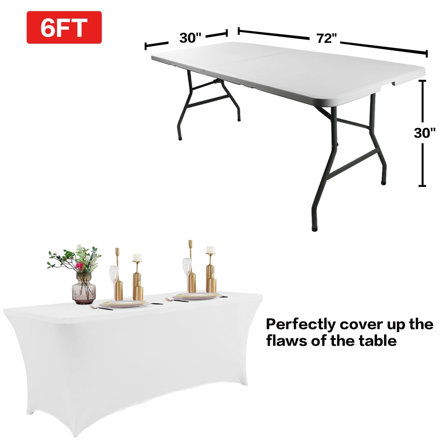 IVAPUPU 2 Pack 6FT Table Cloth for Rectangular Fitted Events Stretch White Table Covers Washable Spandex Spring Tablecloth Protector for Party, Wedding, Cocktail, Banquet, Festival