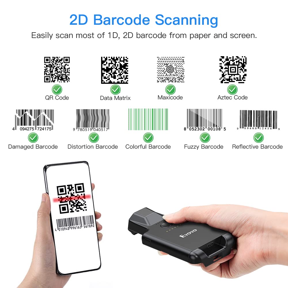 Eyoyo Upgraded QR Code Scanner Bluetooth Android Barcode Scanner, Portable Back Clip Wireless 1D 2D UPC ISBN Inventory Barcode Reader PDF417 Data Matrix Code Compatible with iPhone, Android Phone