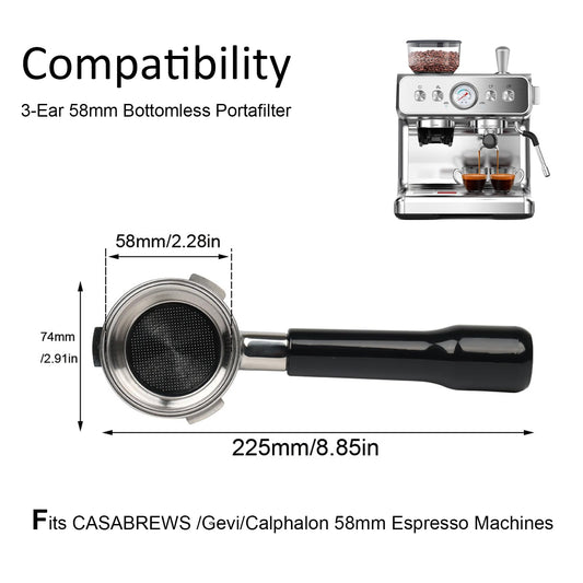 58mm Bottomless Portafilter Compatible with Calphalon Temp IQ/Barsetto Espresso Machines, 3 ears 58mm Portafilter, Filter Basket Included, Stainless Steel Replacement Parts for The Handle