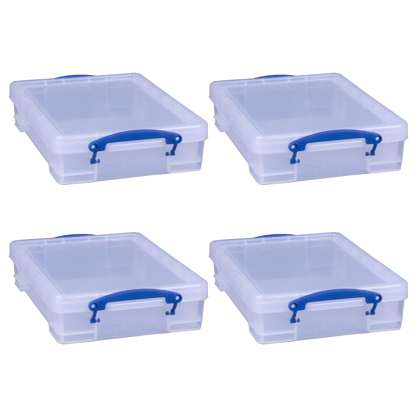 Really Useful Box 4 Liter Plastic Stackable Storage Container w/Snap Lid & Built-In Clip Lock Handles for Home & Office Organization, Clear (4 Pack)