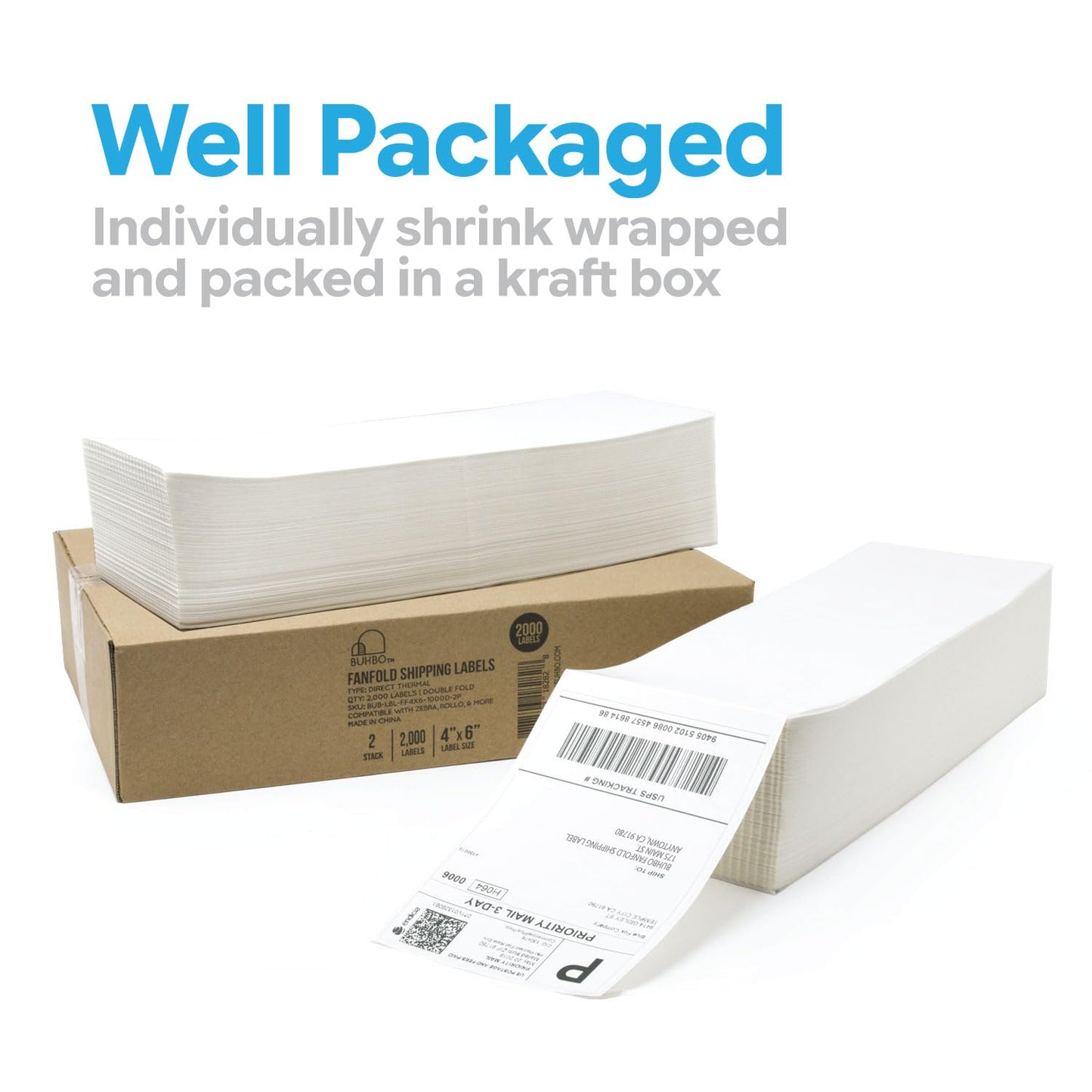 Buhbo 4 x 6 Direct Thermal Labels, Perforated and BPA Free, Compatible with Zebra & Rollo Printers, Commercial Grade White Shipping Labels (2000 pcs - 2 Stacks of 1000)