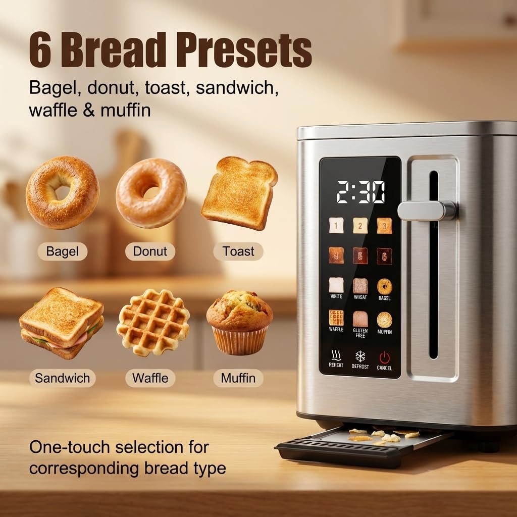 2026 Upgraded TAZTIR Touch Screen Toaster 2 Slice, Premium Stainless Steel Digital Bread Toaster with Timer, 1.5'' Wide Slot, 6 Shade Settings & 6 Bread Types, Bagel Defrost Reheat Cancel Functions