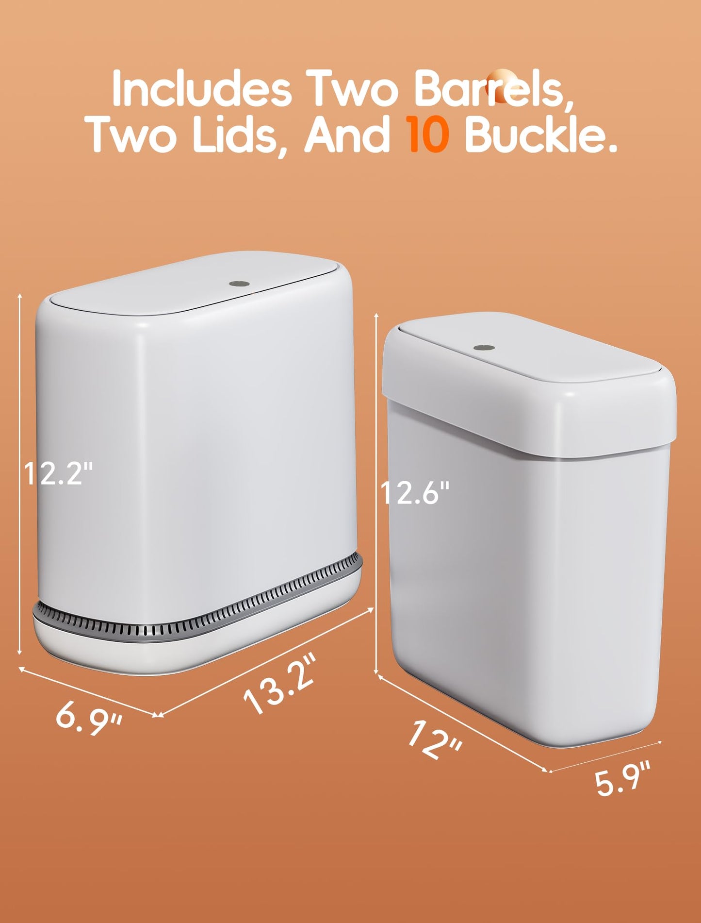 LEGUO Dog Proof Small Bathroom Trash Can with Lid, Slim Press Top Garbage Can, Narrow White Plastic Waste Basket, for Bathroom Bedroom Office 2 Pack Set with 4.8 Gal and 3 Gal