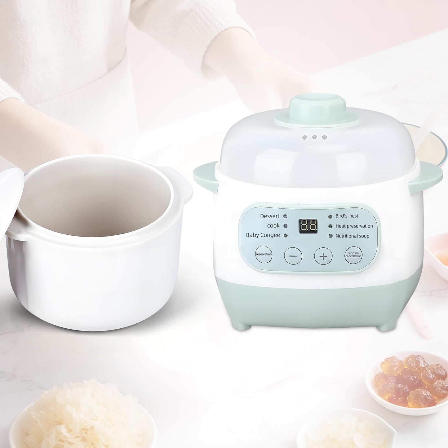 Green 1L Mini Slow Cooker with Steamer Basket, 200W Smart Ceramic Electric Stew Pot, 24-Hour Timer & Auto Keep-Warm, Dry-Burn Protection, Kitchen Cooking Appliance