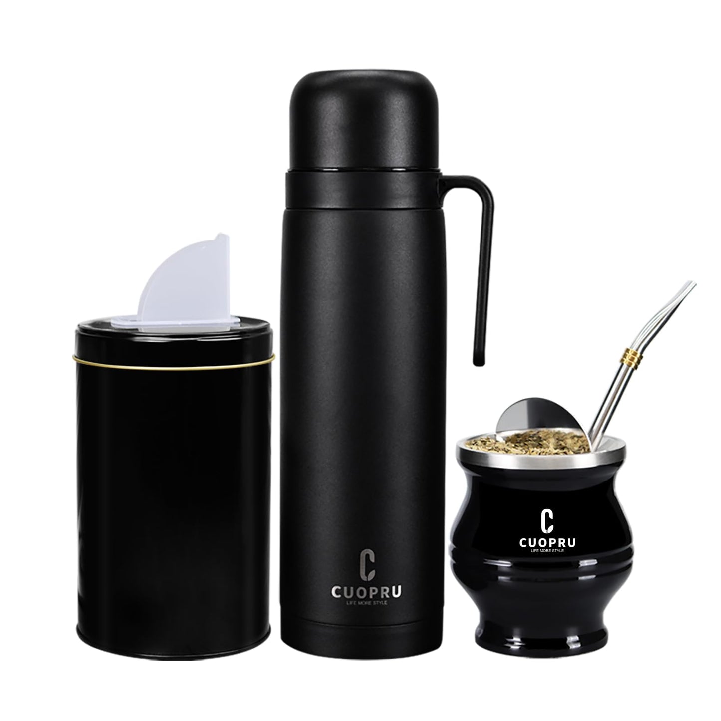 Cuopru Premium Stainless Steel Yerba Mate Kit, Gourd, 33.8oz Insulated Bottle, Container, Bombilla, Cleaning Brush, Tea Filter Set, Matte Black