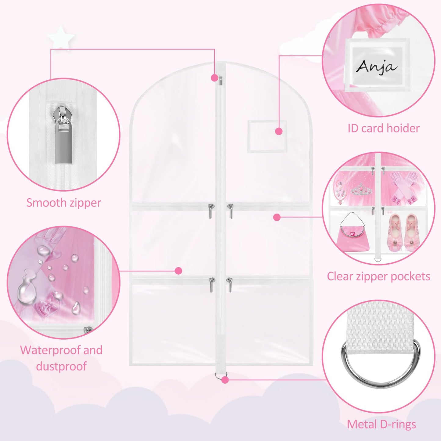 Wsaeig Garment Bags for Dance Costumes - 40 Inch Clear PVC with 5 Zipper Pockets (3 Pack, White) - Kids Dance Garment Bag for Dancers, Hanging Clothes Storage, Competitions & Travel (‎Clear White)