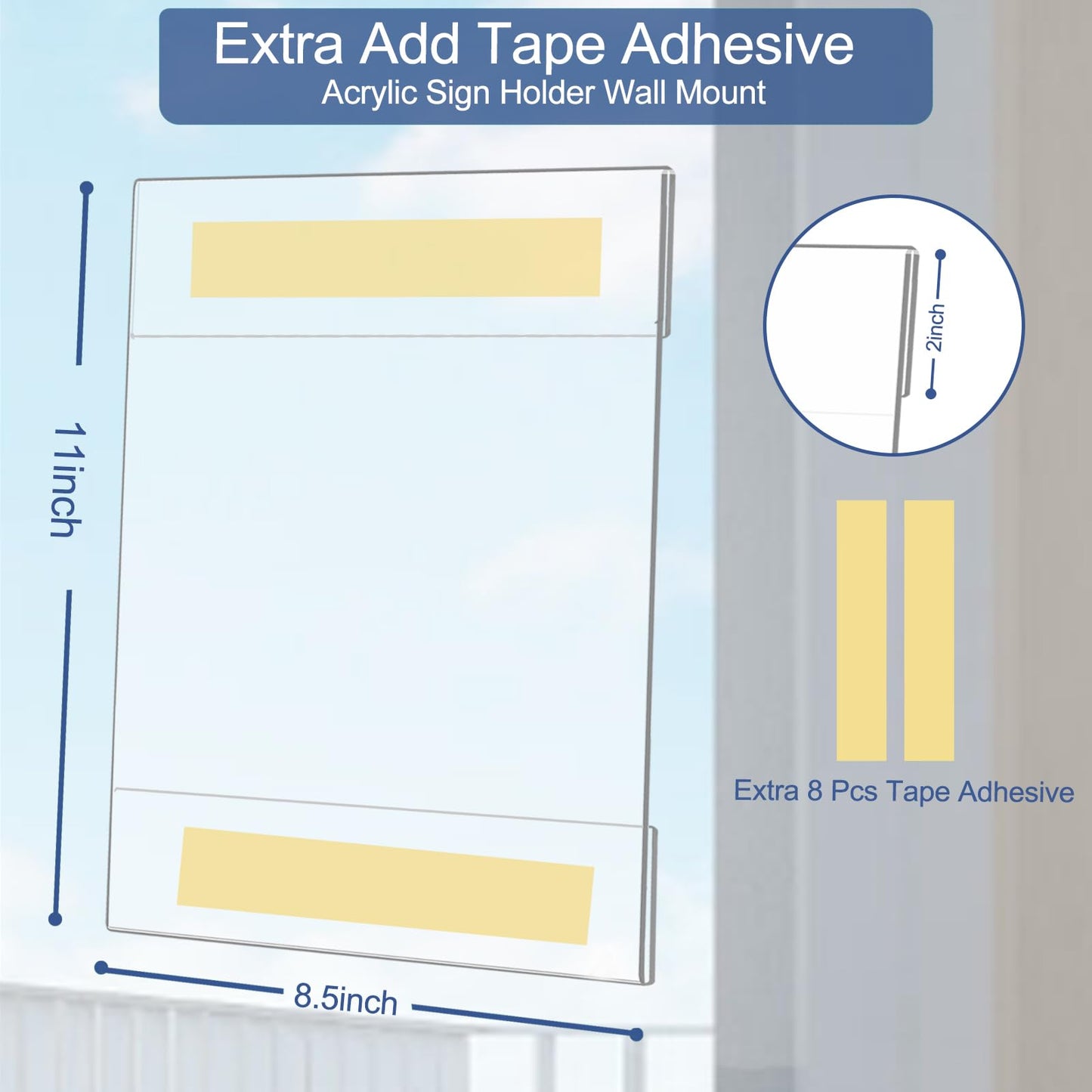 Acrylic Sign Holder 8.5 x 11 Wall Mount, Clear Plastic Paper Sign Display with Tape, No Drilling Acrylic Wall Frame for Office, Home, Store, Restaurant (12 Pack)