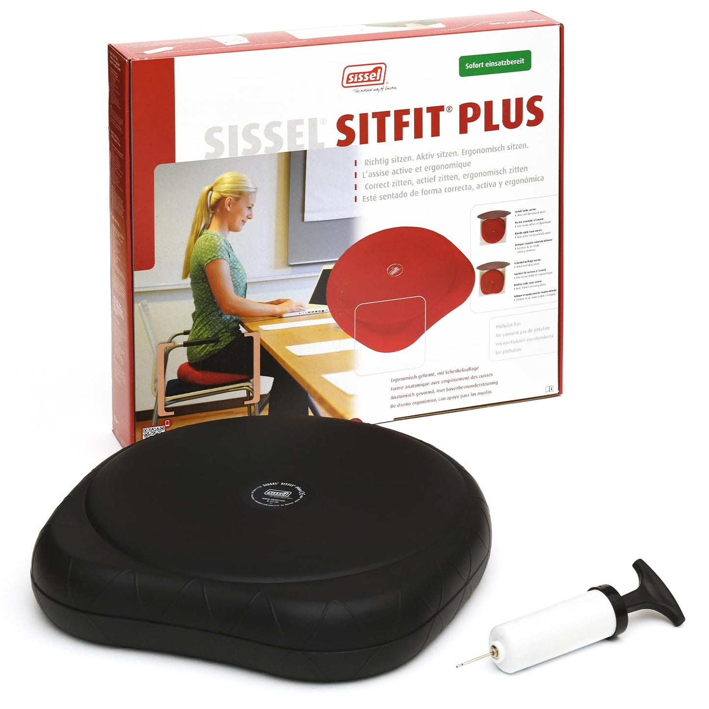 SISSEL SITFIT Plus | Active & Dynamic Sitting | 2-in-1 Function | Adjustable Pressure | Black, 14.5 in | Strengthens Back Muscles | Includes Pump & Exercise Poster