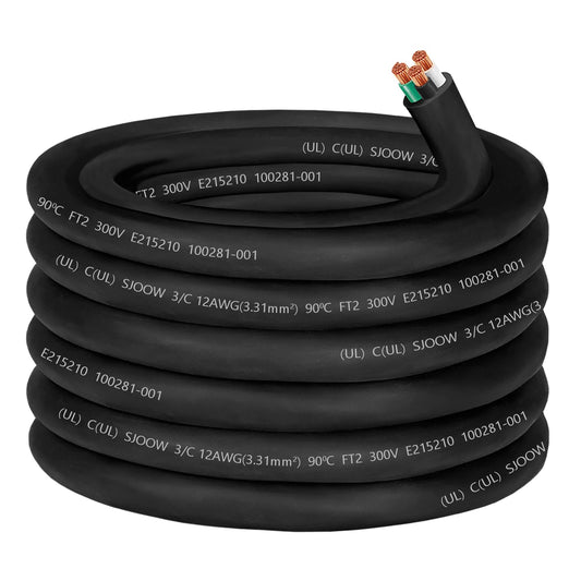 12/3 Wire 12 Gauge SJOOW Wire 12AWG SJOOW Cable Cord Portable Power Cable 12 Gauge 3 Conductor Cord for 20 AMP EV Battery Charger,Portable Light LED,RV Outlet Lead,Garage,Powering Tool Machinery-50ft