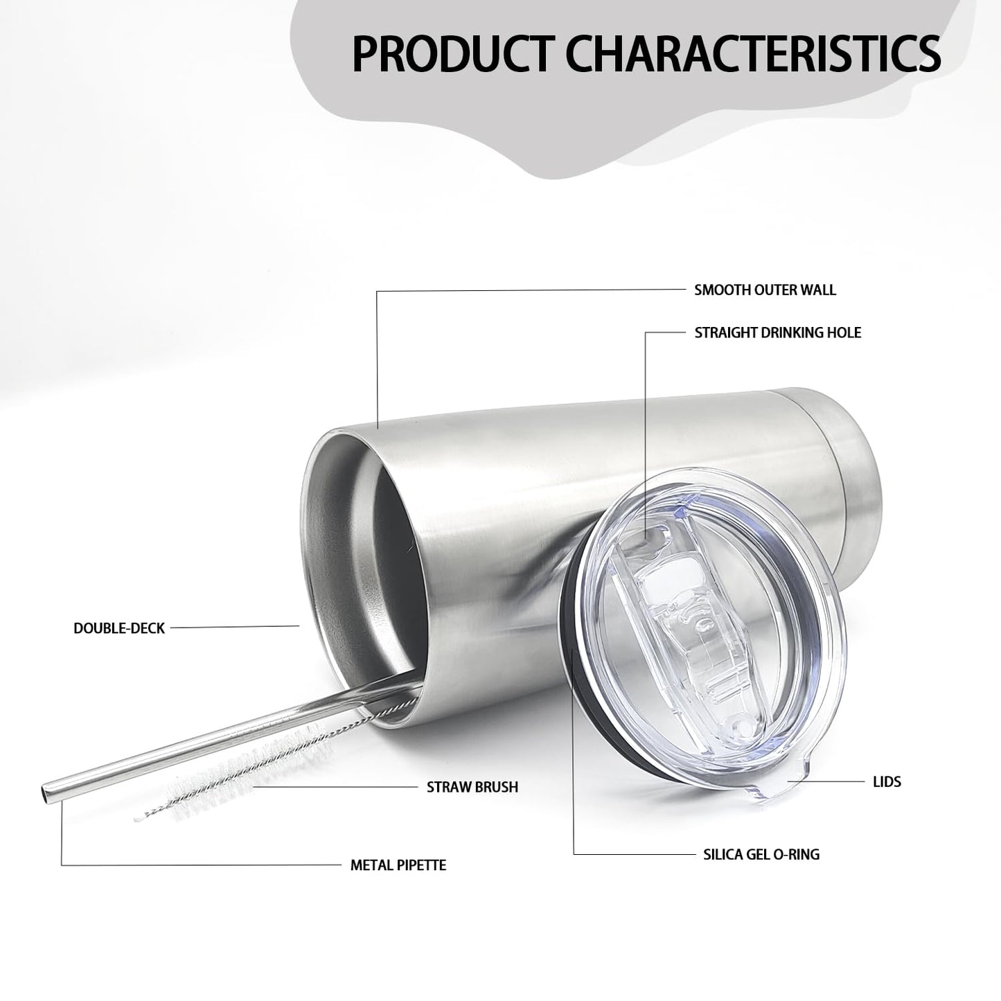 YOUKE OLA 12 Pack Insulated Coffee Tumbler Stainless Steel Double Wall Vacuum Travel Tumbler Cup with Lid and Straw for DIY Gift, Silver 20oz