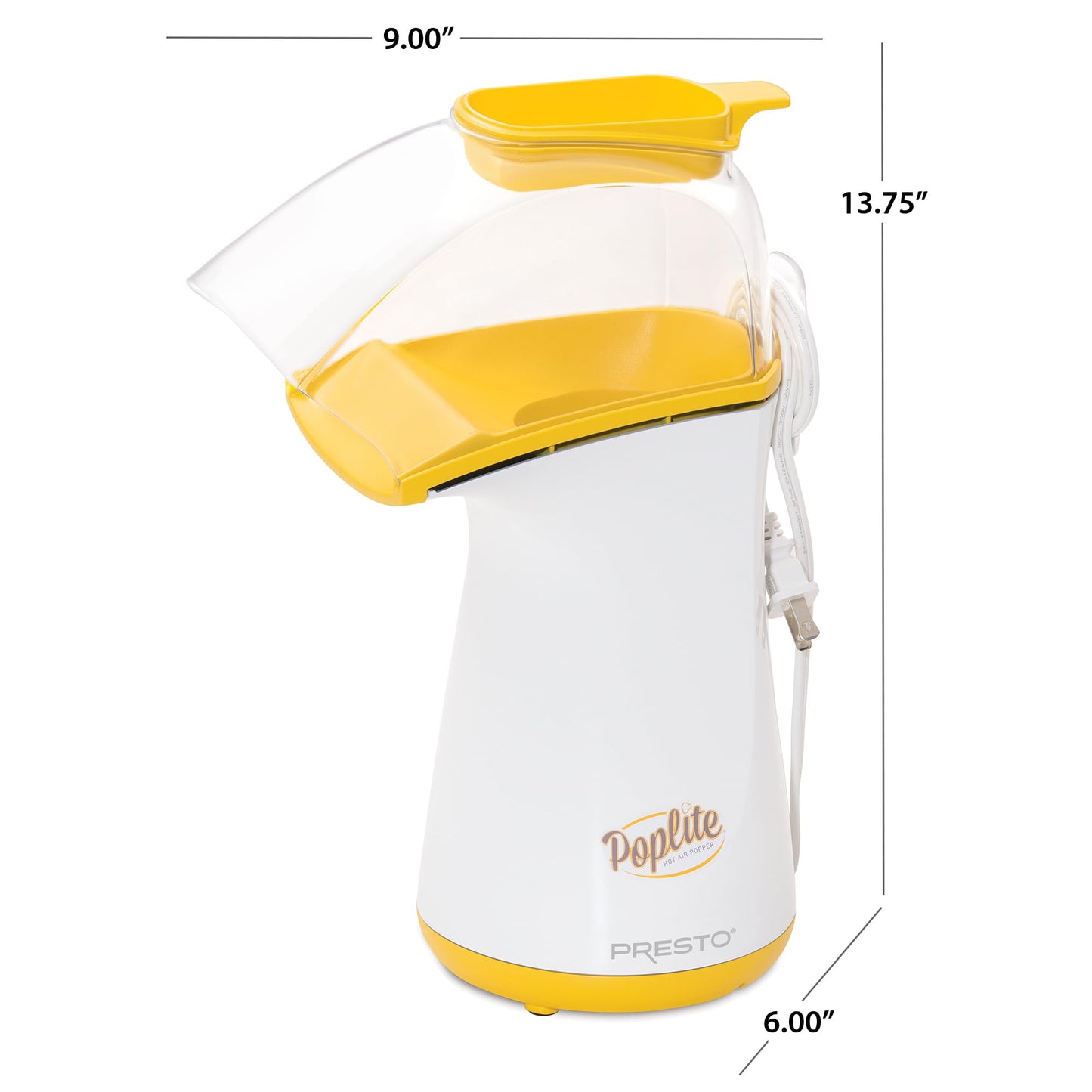 Presto 04820 Poplite Hot Air Popcorn Popper - Built-In Measuring Cup + Melts Butter, Easy to Clean, Built-In Cord Wrap, 18 Cups, Yellow