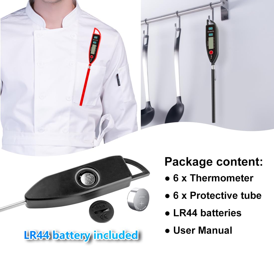 BOMATA 6 Pack Waterproof IPX7 Meat Thermometer Instant Read Food Thermometer with Long Probe for Water, Liquid, Kitchen Cooking, Grill,BBQ ! T101 X 6 Pcs (Black & Red & White)…