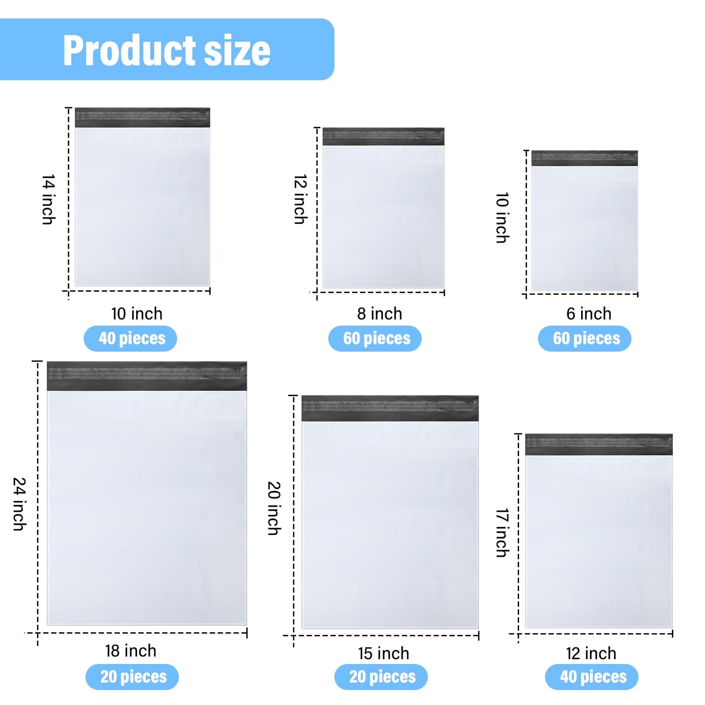 Outus 240 Pcs Poly Mailers Variety Size Pack Mailing Shipping Bags Assorted Sizes Shipping Envelopes Self Adhesive Waterproof and Tear Proof Packaging Bags for Clothing Book Gift(White,6 Sizes)