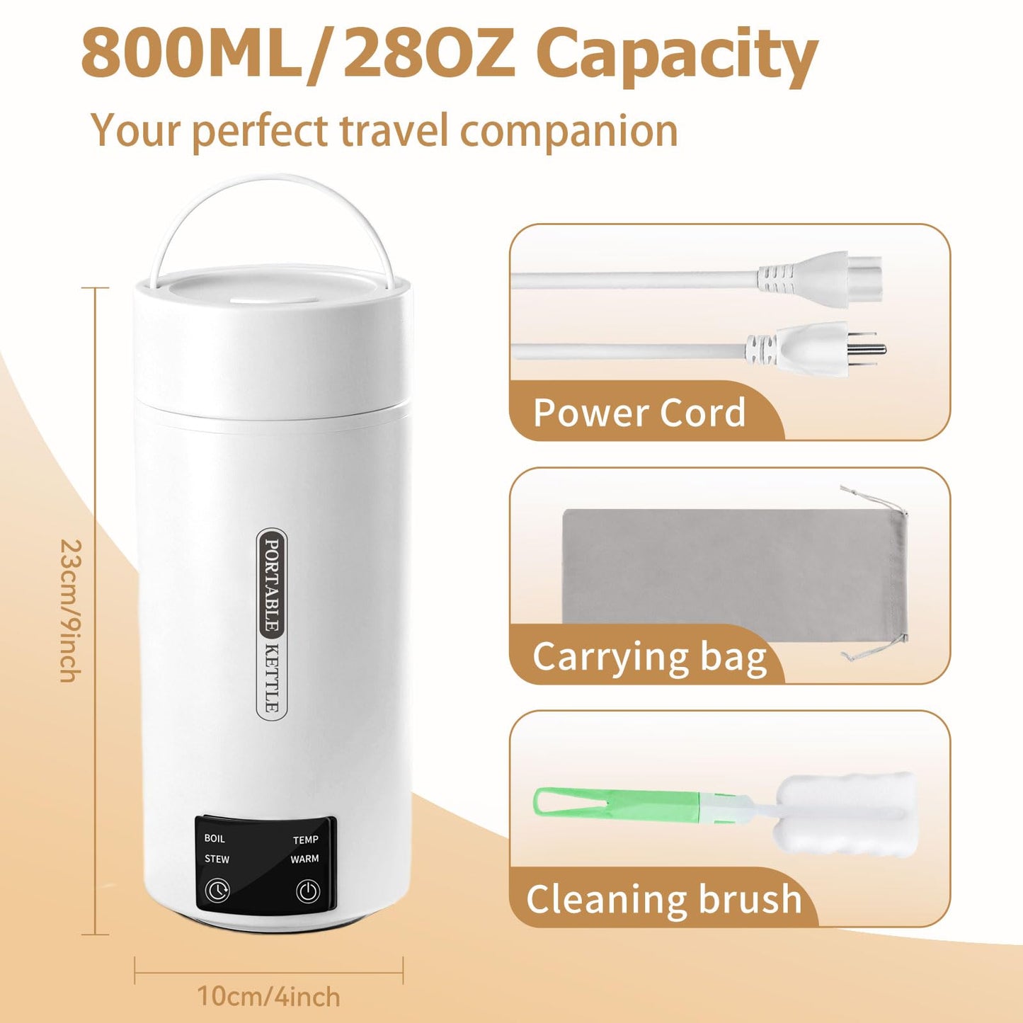 YOIDOO Travel Electric Kettle 800mL Portable Kettle with Automatic Shut Off & 9 Temperature Control for Hot Water/Tea/Coffee/Milk, 304 Stainless Steel Water Boiler