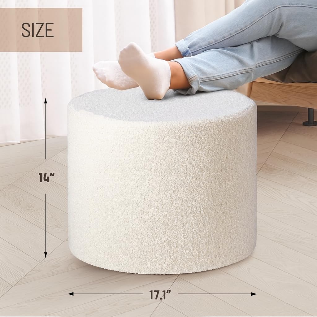 KKdema White Round Ottoman Foot Rest Stool – Clean Boucle Fabric Footstool with Soft Foam Filling, Lightweight Modern Pouf for Minimalist Living Room, Bedroom, Office – Pure White