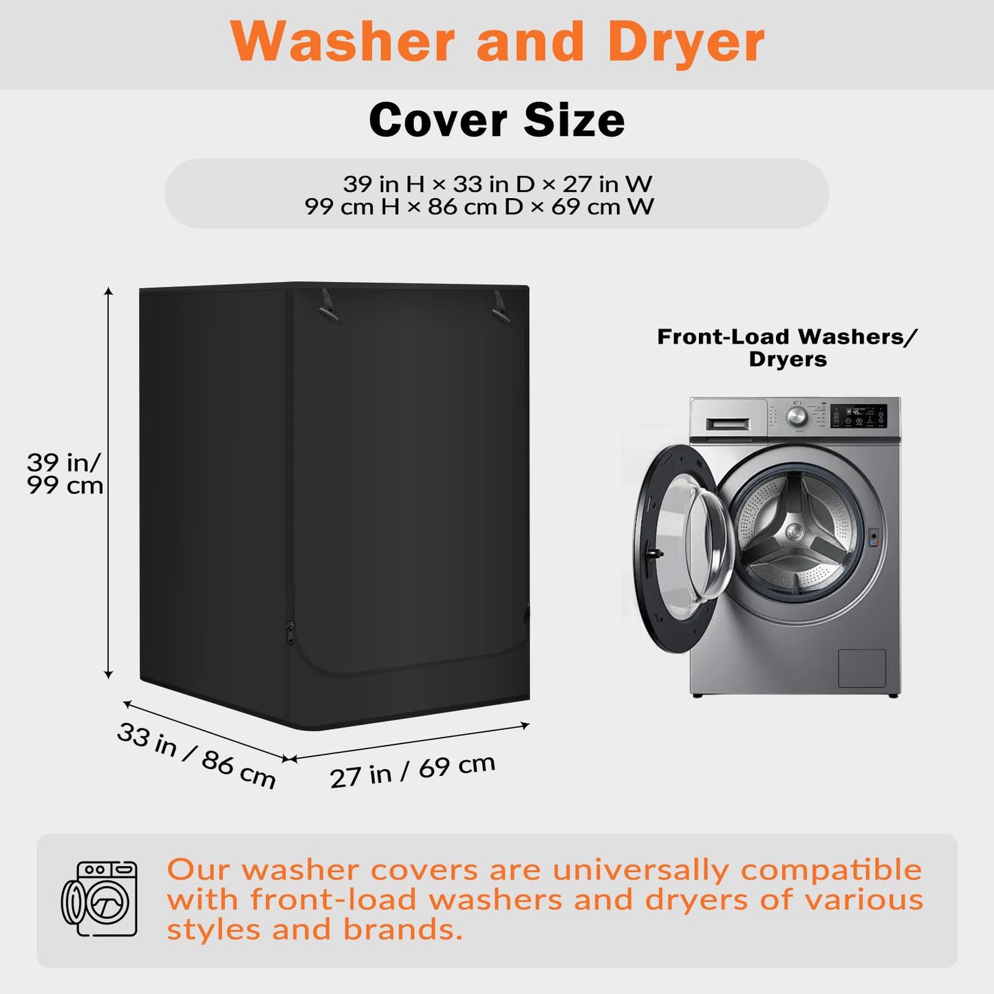 2-Pack Washing Machine Cover - Front Load, Heavy Duty Oxford Outdoor Cover, Waterproof/Dustproof/Anti-UV, Fits most front-load washer and dryer covers, 27"W x 33"D x 39"H-Black