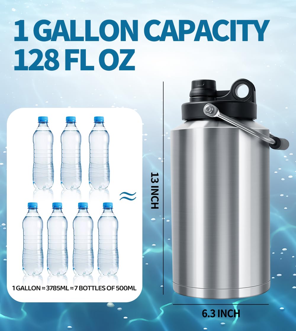 GAGANIU Insulated Water Bottle, 1 Gallon Jug with Handle, 128 oz Stainless Steel Large Water Bottle Wide Mouth Double Vacuum for Hot & Cold Drinks, Stainless Steel